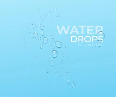 Realistic Water Drops on blue background, real transparent effect. Vector Illustrazione stock