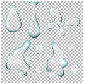 Realistic water drops liquid puddles on transparent background Stock Illustration