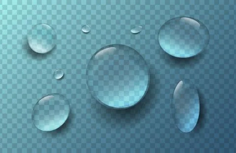 Realistic water drops pack isolated on transparent blue background. Detailed Stock Illustration