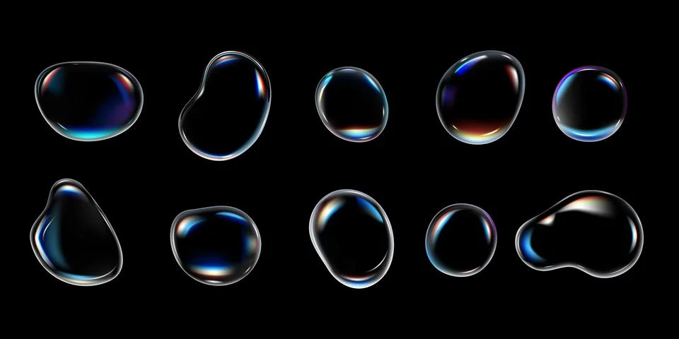 Realistic water drops vector set, soap bubble with rainbow reflection, 3D Illustrazione stock