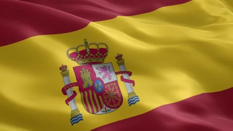 Realistic waving flag of Spain with official coat of arms Stock Footage 334492866