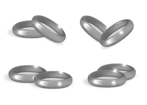 Realistic wedding silver rings set. 3d bands collection isolated on white b.. Stock Illustration