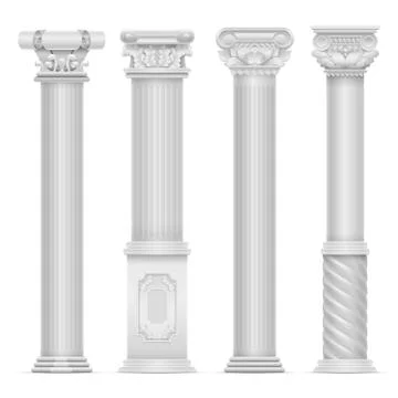 Realistic white antique roman column vector set. Building stone columns Ilustración de archivo