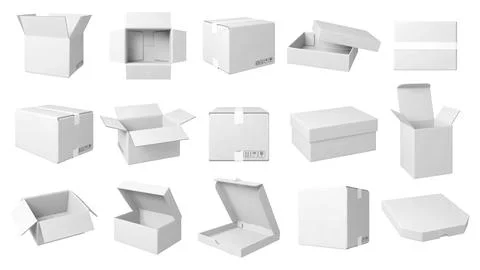 Realistic white boxes. Isolated box mockup for delivery or parcel. Different Illustrazione stock