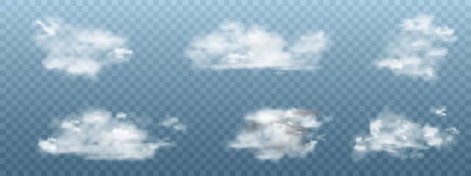 Realistic white clouds set. Vector collection of 3d smoke or fog. Natural Stock Illustration