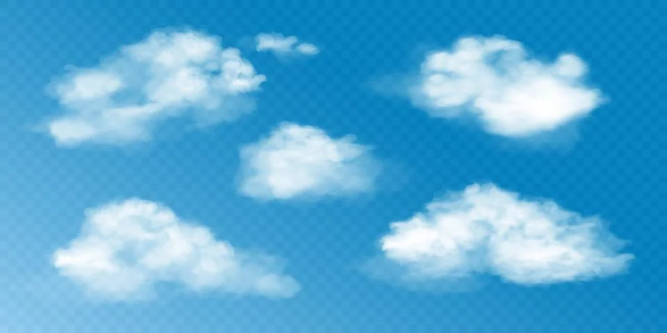 Realistic white clouds set. Vector collection of 3d smoke or fog. Natural Stock Illustration