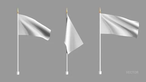 Realistic white flag waving in the wind. Set 3D advertising textile vector flags Stock Illustration
