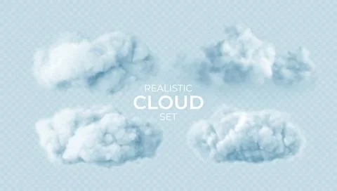 Realistic white fluffy clouds set isolated on transparent background. Cloud sky Stock Illustration
