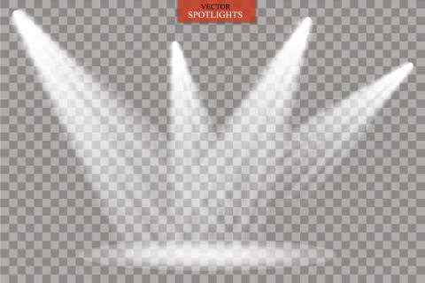 Realistic white gray glowing spotlights on transparent laid background. Theater Stock Illustration