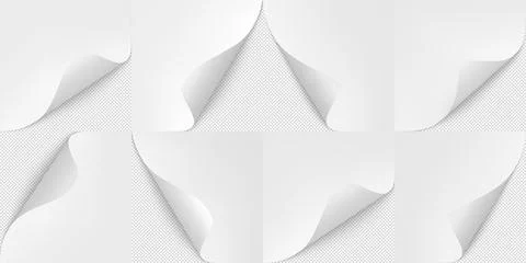 Realistic white paper pages with curled corner, flip paper sheet, sticker notes Stock Illustration