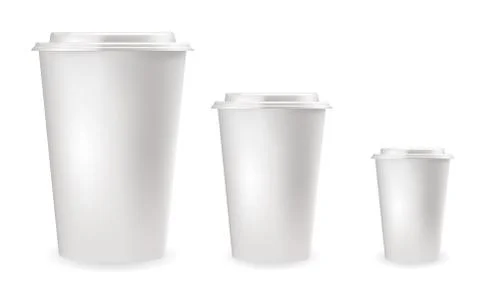 Realistic white plastic cups for cold and hot drinks. Stock-Illustration