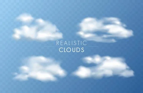 Realistic white transparent sky clouds set. Stock Illustration