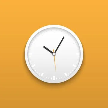 Realistic white wall office clock on yellow background, vector illustration Illustrazione stock