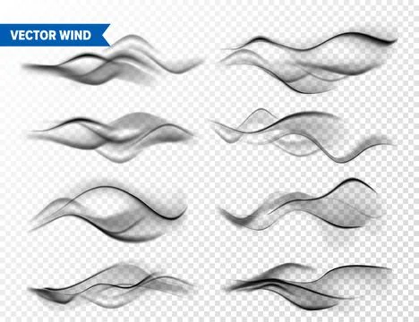Realistic Wind Set on Transparent Background. Vector Vapor in Air, Smoke Steam イラスト素材