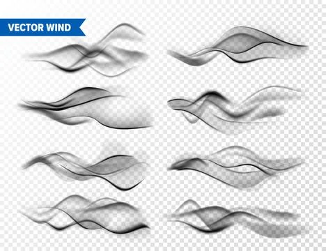 Realistic Wind Set on Transparent Background. Vector Vapor in Air, Smoke Steam Stock Illustration