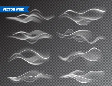 Realistic Wind Set on Transparent Background. Vector Vapor in Air, Smoke Steam Illustration