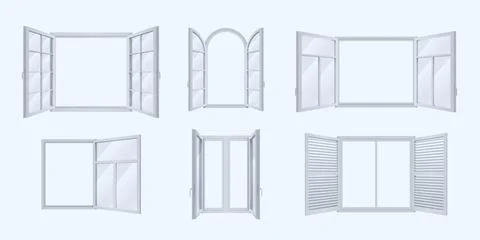 Realistic window. 3D open or close glass casements. Country facade decoration Ilustración de archivo