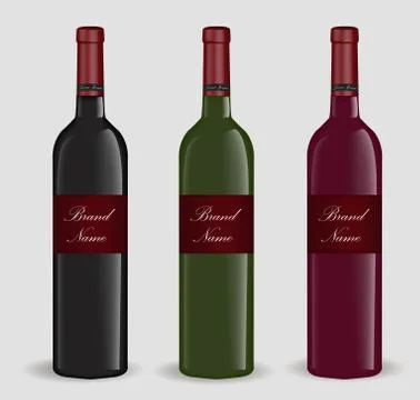 Realistic wine bottle set. Isolated on white background. 3d glass bottles m.. Stock Illustration