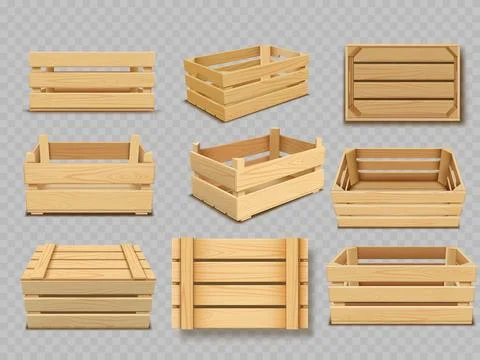 Realistic wooden boxes vector set, timber crate for storage and transportation Illustrazione stock