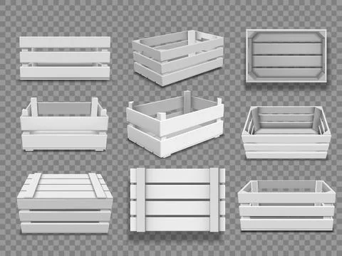 Realistic wooden boxes vector set, white timber crate for storage and Stockillustratie