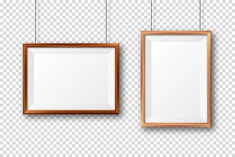 Realistic wooden picture frames with shadow on checkered background. Hanging on Stock Illustration