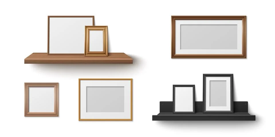 Realistic wooden shelf with empty frames mockup Stock Illustration