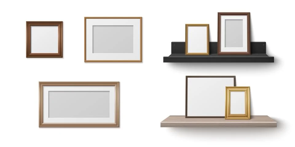 Realistic wooden shelf with empty frames mockup Illustrazione stock