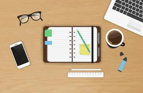 Realistic work desk organization top view with open diary on the wooden textured Illustrazione stock