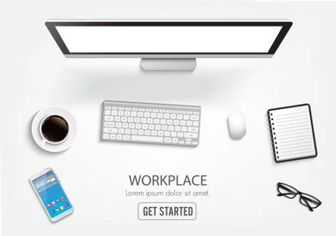 Realistic workplace desktop. Top view desk table, personal computer with keyb Stock Illustration