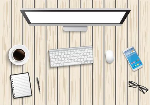 Realistic workplace desktop. Top view desk table, personal computer with keyb Stock-Illustration