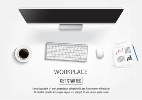 Realistic workplace desktop. Top view desk table, personal computer with keyb Stock Illustration