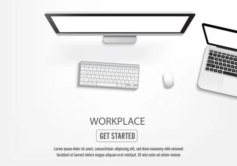 Realistic workplace desktop. Top view desk table, personal computer and lapto Stock Illustration