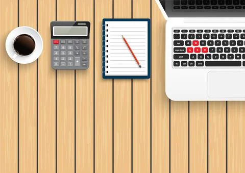 Realistic workplace desktop. Top view desk table on wood. With metal pencil,  Stock Illustration