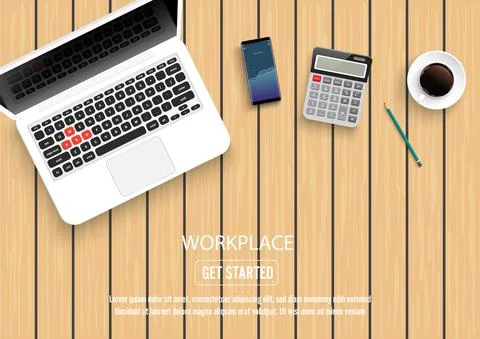 Realistic workplace desktop. Top view desk table on wood. With metal pencil,  Stock Illustration