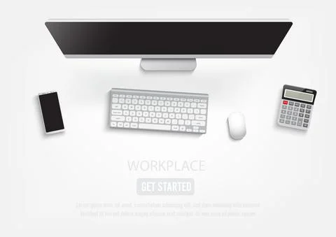 Realistic workplace desktop. Top view desk table, personal computer with keyb Stock Illustration