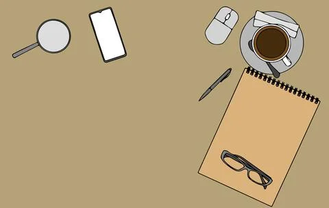 Realistic workplace organization. Top view with textured table, laptop Stock Illustration