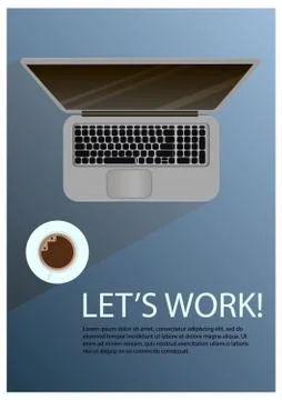 Realistic workplace table with quote 'Let's work '. Top view with laptop and Illustrazione stock