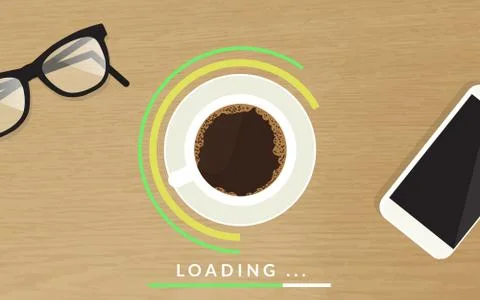 Realistic workplace top view with textured table, coffee mug and circle progress Stock Illustration