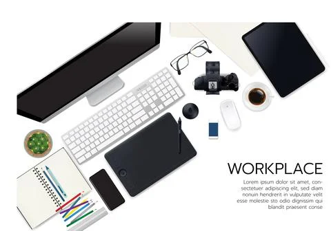 Realistic workspace elements, workplace with elements on desk top view,Modern Illustrazione stock