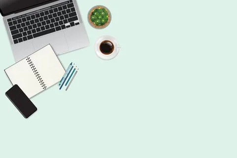 Realistic workspace elements, workplace with elements on desk top view,Modern Illustrazione stock