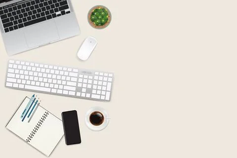 Realistic workspace elements, workplace with elements on desk top view,Modern Illustrazione stock