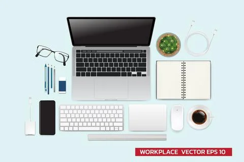 Realistic workspace elements, workplace with elements on desk top view, Moder Illustrazione stock