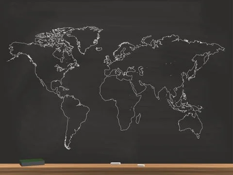 Realistic World Map Chalkboard Vector Illustration Stock Illustration