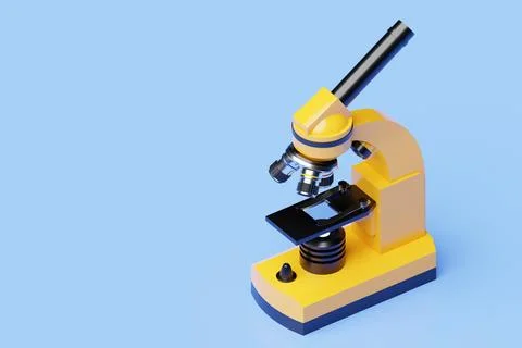 Realistic yellow  3d microscope on  blue background, laboratory equipment. Mi Illustrazione stock