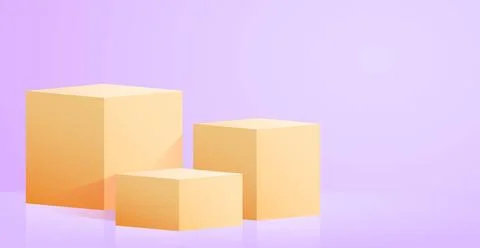 Realistic yellow cubes - boxes on blue studio background - Vector Realisti... Stock Photos