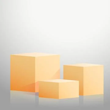 Realistic yellow cubes - boxes on gray studio background - Vector Realisti... Stock Photos