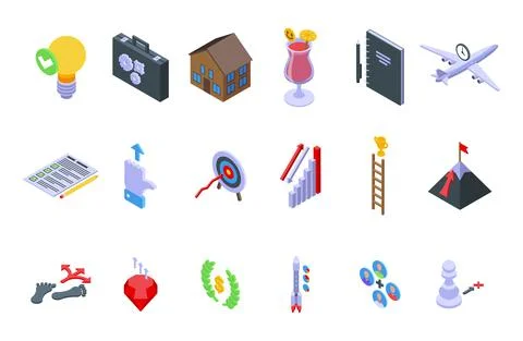Realization icons set isometric vector. Dream self victory Stock Illustration
