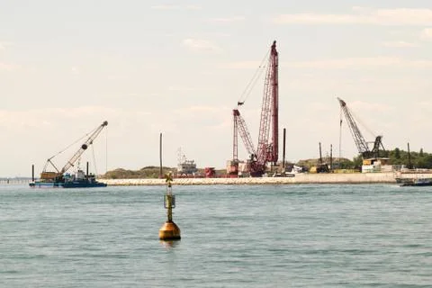 Realization of the movable bulkheads system to save Venice from tides. Stock Photos