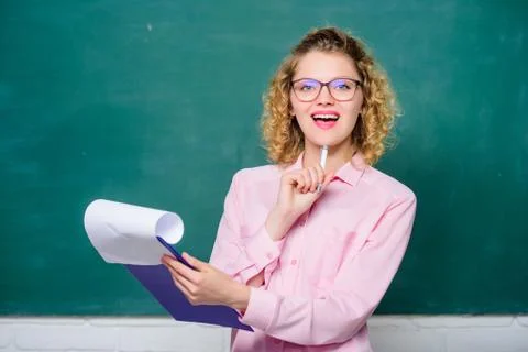 Really busy. report project. back to school. teacher with document folder. happy Stock Photos
