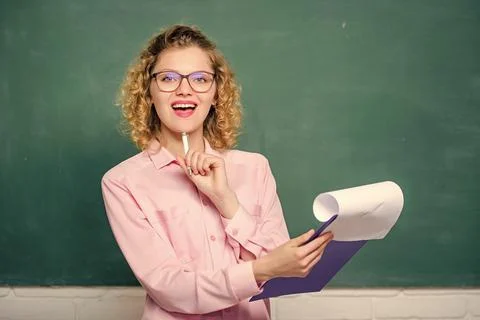 Really busy. report project. back to school. teacher with document folder. happy Stock Photos